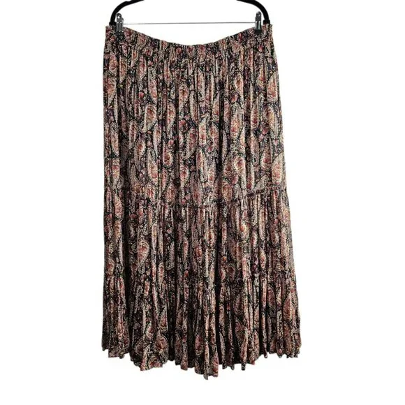 ZARA New Paisley Floral Print Metallic Boho Tiered Full Black Midi Skirt - Picture 8 of 13